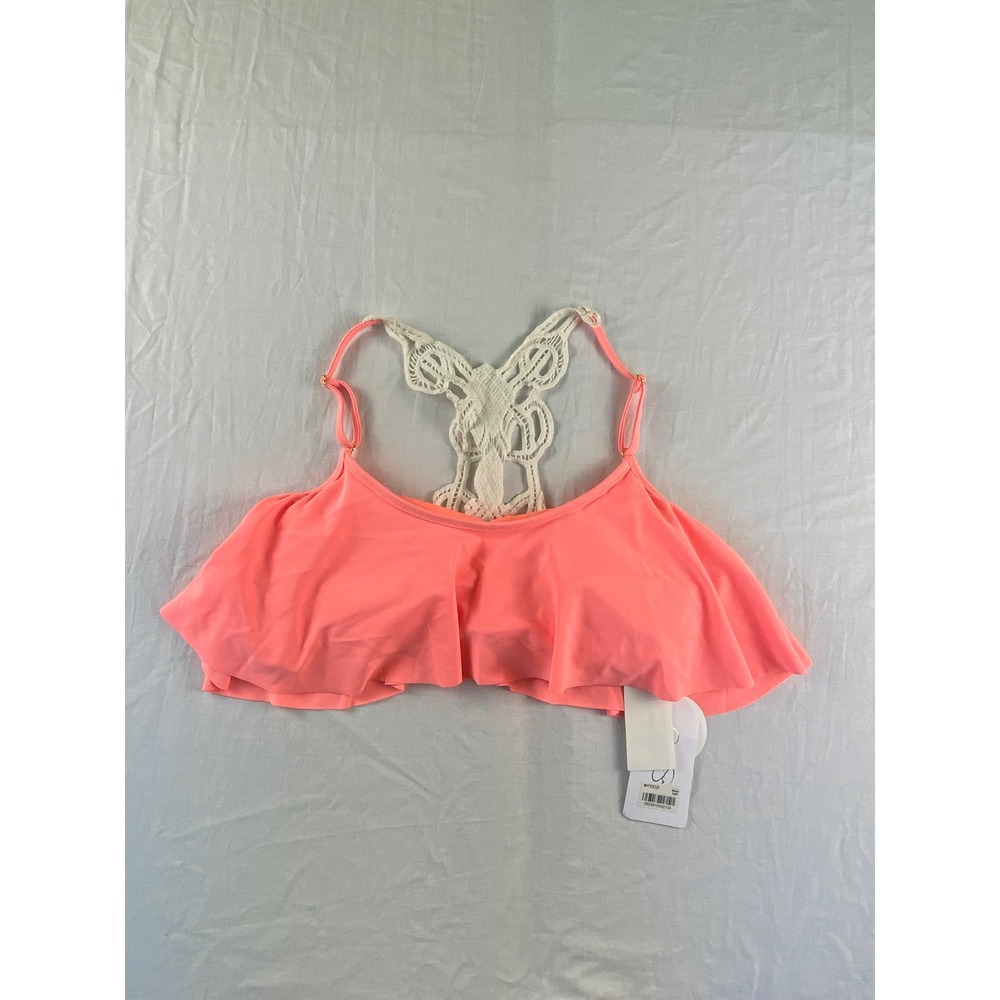 Jessica Simpson Hot Peach Flounce‎ Bikini Top Crochet Lace Racerback SSBH15372 M